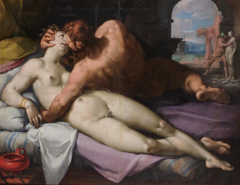 Obra con un hombre y una mujer desnudos, besándose