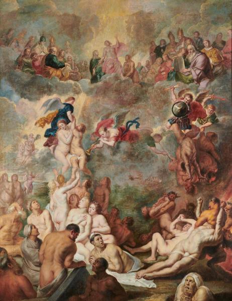 Obra que representa a una multitud subiendo al cielo en el Juicio Final