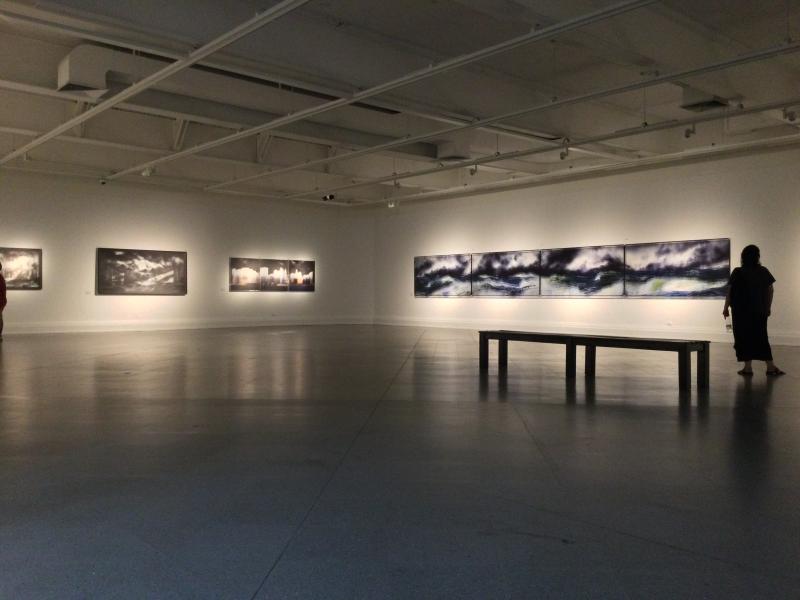 Persona mirando cuadros de la exposición